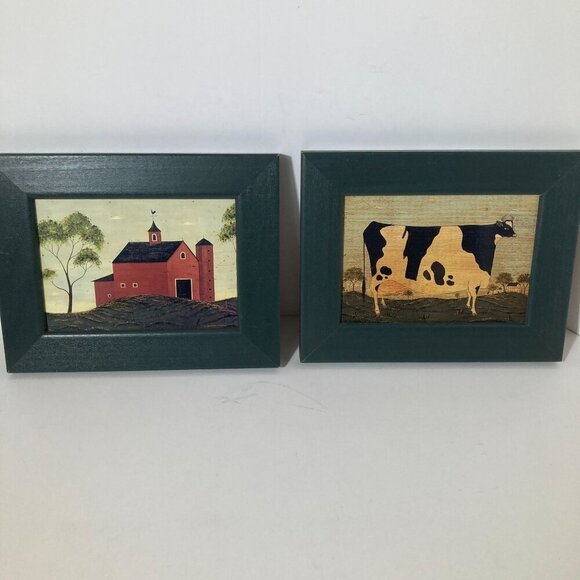 Warren Kimble Primitive Vintage Framed Cow Barn Prints on Wood 7.25 x 9.5" - Picture 1 of 9